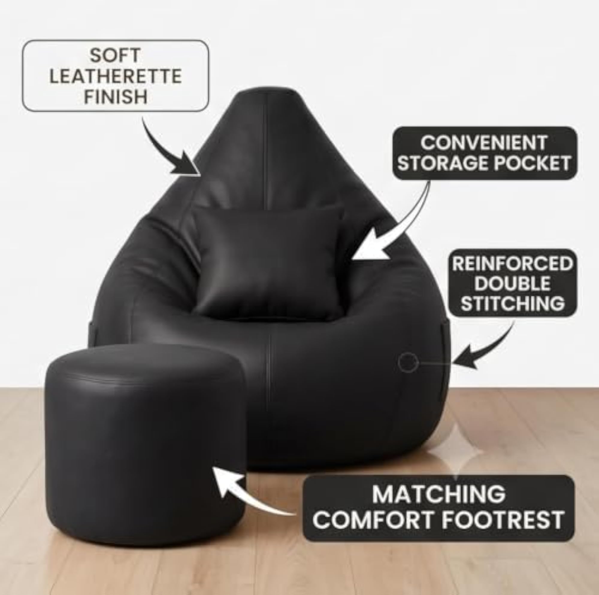 Leatherette Bean Bag Chair Without Beans, Cover with Pillow & Footrest